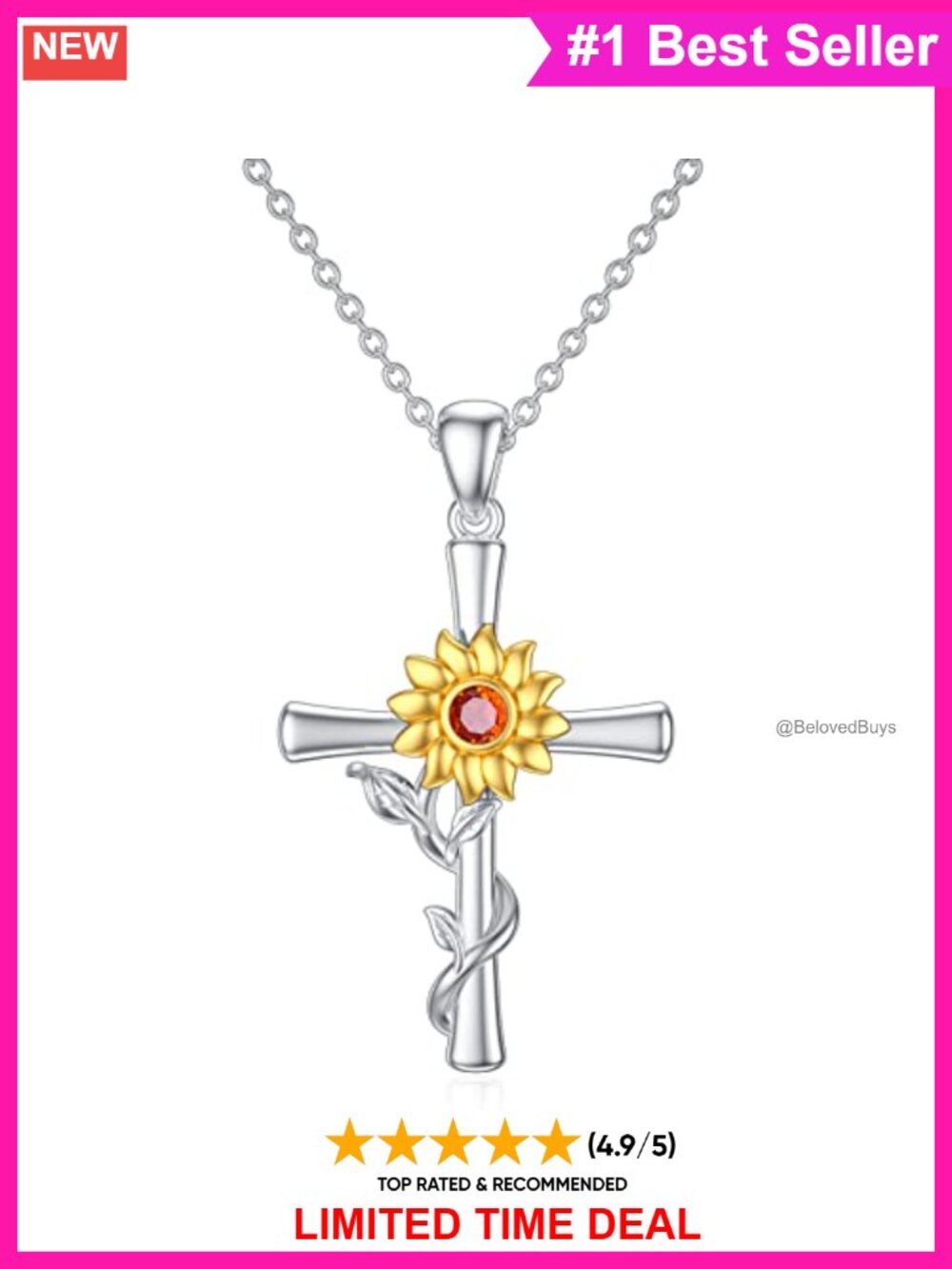 925 Sterling Silver Cross Necklace Sunflower Pendant 18+2 Inches